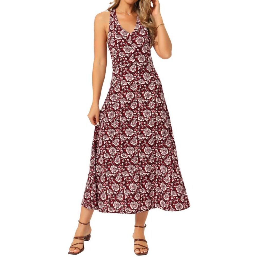 Women's Halter Maxi Dress Floral Casual Sleeveless Summer Dress Red Wine